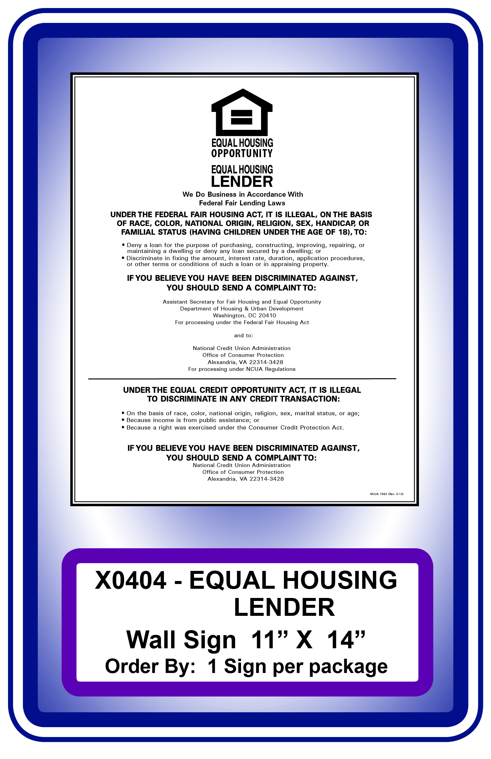 EQUAL HOUSING LENDER - Wall Sign **<b>Order By: 1 sign per package